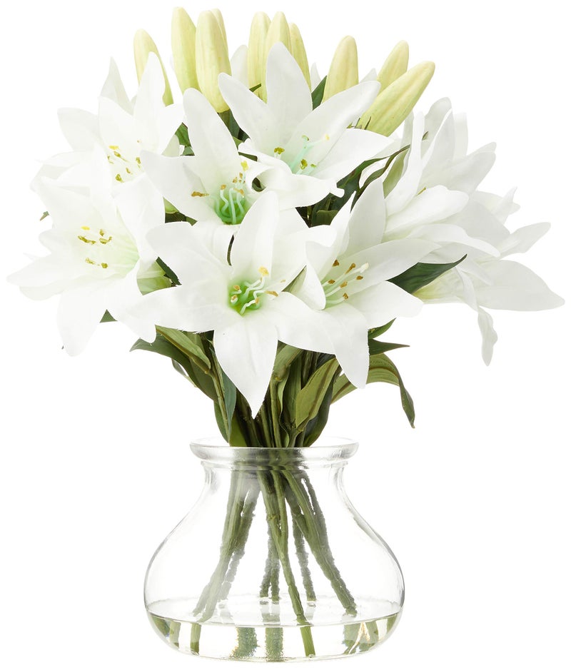 Nearly Natural Lily Silk Arrangement with Glass Vase - Image 1
